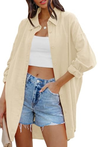 Cicy Bell Camicetta Oversize da Donna Camicie a Maniche Lunghe Button Down T-Shirt Casual in Cotone con Tasche, Beige, M