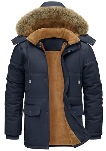 Lonya Parka Hombre Invierno Repelente al agua Chaqueta Forro Polar Giacca Cálido Abrigos Cortavientos Casual Giacche con Cappuccio Azul marino,XL