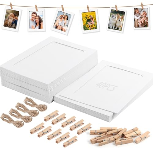 Niuny Fotogirlang fotorep med klämmor 40 st 12 cm bildram kartong vitt 4 st fotokoppel med klämmor fotokedja med 40 st träklämmor foton hängande för födelsedag bröllop fest årsdag dekoration