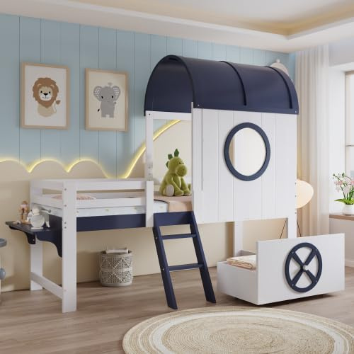 muenfly Kinder-Etagenbett 90x200 mit Dach, Sicherheitsleiter & Spielbereich unten – Platzsparendes Halbhochbett mit Stauraum-Schublade – Weiß/Blau, Massivholz-Konstruktion