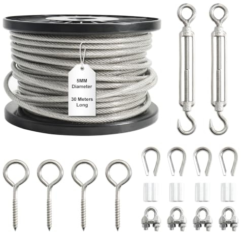 TINMAGI Kit Cavo Acciaio Inox 5mm 30M Rivestito PVC, con Tenditore M6 e Accessori, per Stendibiancheria, Piante Rampicanti, Tende e Sostegni Esterni