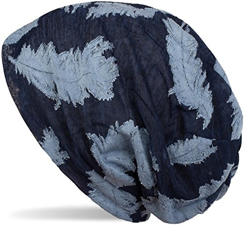 styleBREAKER Mössa med vävt fjädermönster, slouch lång beanie, unisex 04024130, Mörkblå, one size