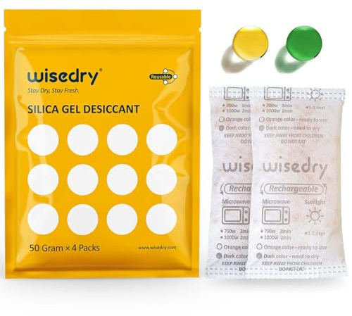 wisedry 50 Gram [4PACKS] Silica Gel Sachets Desiccant Packs Reusable Microwave Fast Reactivate in 2MINS Moisture Absorber for Closet Gun Safes Bathroom Bedroom Basement Storage Food Grade