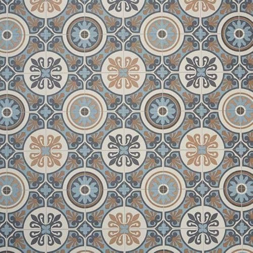Moroccan Tile Design Cushion Vinyl Flooring Sheet Brown Grey & Blue Patterned Non Slip Lino Conservatory Kitchen Bathroom Floor (Tangier 05, 2m x 2m)