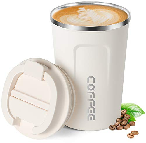 Smilatte 13oz (380ml) Vacuum Insulated Travel Mug, Leakproof Double Wall Stainless Steel Reusable Coffee Cup with Lid for Hot & Cold Drinks, Matte Texture White