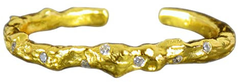 NicoWerk Damen Silberring Schmal aus 925 Sterling Silber Golden Schlicht mit Stein Struktur Uneben Zirkonia Verstellbar Offen SRI817