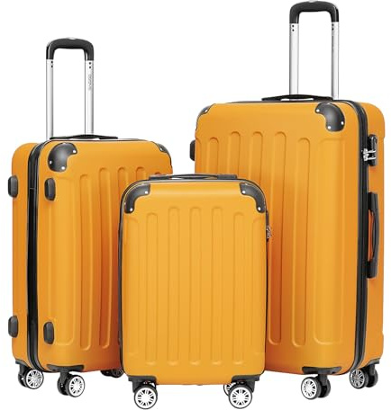 BEIBYE Kofferset 3-teilig – Kabinenkoffer, Reisekoffer und XL-Koffer aus ABS mit Doppelrollen und Zahlenschloss, Orangen