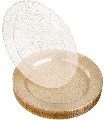 STACKABLES ~ 20 Pack Hard Plastic Plates ~ Multi-Use Glittered Gold Round Plate ~ Reusable Dinnerware Plate Set for Weddings & Parties (7.5 Plates)