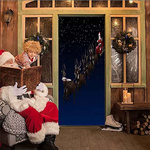 CBWRAW 3D Türtapete Fototapete Selbstklebend Türposter Abnehmbar PVC Fototapete Türfolie Stern Weihnachtsmann Muster Türaufkleber Für Wohnzimmer Erwachsene Kind Schlafzimmer Küche 77x200cm