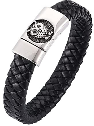 KnSam Personalisierte Geschenke - Bettelarmband, PU Leder Herren Armbänder Gravur Eule Leder Armband Herr Edelstahl Armschmuck Schwarz mit Magnet Verschluss, Länge 16.5CM