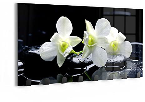 DEQORI Wandgarderobe Glas & Metall | Motiv Orchidee mit Zen-Steinen | 60x30 cm | Design Haken-Leiste modern | Garderoben-Paneel für Flur, Wohnzimmer & Schlafzimmer | magnetisch & beschreibbar