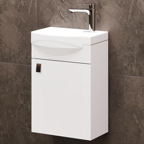 Planetmöbel Badmöbel Set Waschtisch mit Unterschrank 40 x 60 x 29 cm | Waschtischarmatur chrom für Badezimmer, Gäste WC & Bad, Weiß