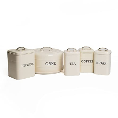 Kitchen Craft Vintage Nostalgie Set: Tee, Kaffee & Zucker Dosen, Keksdose & Kuchenbehälter, cremefarben, 5 Stück