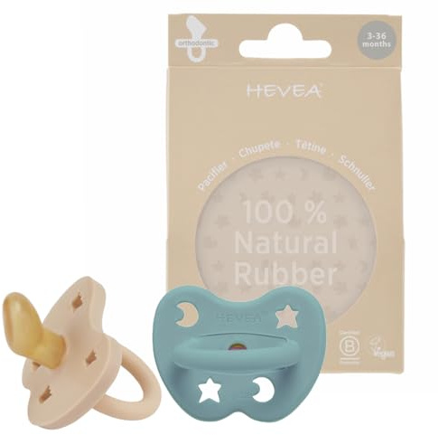 HEVEA Naturkautschuk Schnuller Kiefergerechte Form, 3-36 Monate - hygienisches einteiliges Design für Neugeborene bis Kleinkinder, BPA-frei, weich & langlebig - 2Pack (Sand & Meeresblau)