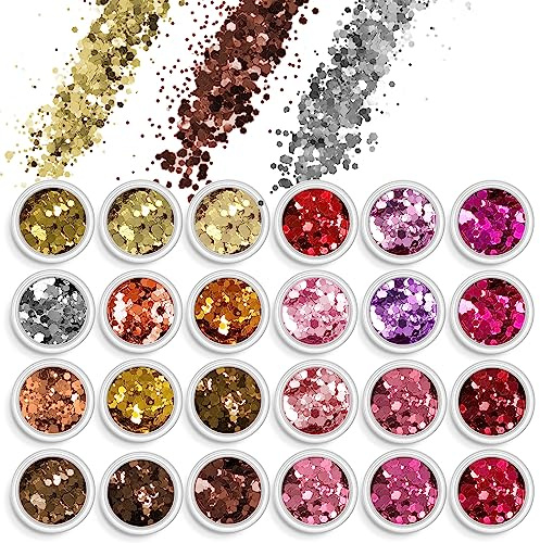 AOOWU Chunky Glitter, 24 Färger 3D Nail Glitter Paljetter för Nagelkonstdekoration, Festival Nail Glitter Powder, Holographic Cosmetic Glitter för Ansikte Kropp Ögon Hår Nagel och DIY Art