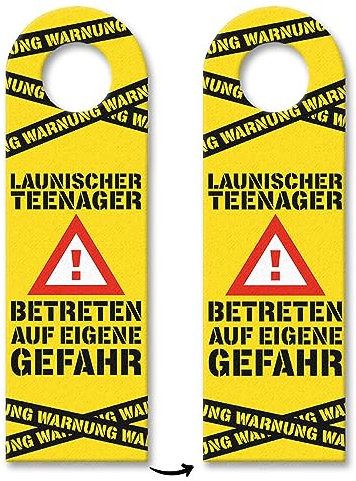 Warnung Launischer Teenager Türhänger 10er Set mit Warnzeichen in gelb Betreten auf eigene Gefahr für Jugendliche die oft genervt oder zickig sind um den Eltern zu zeigen wie die Laune gerade ist
