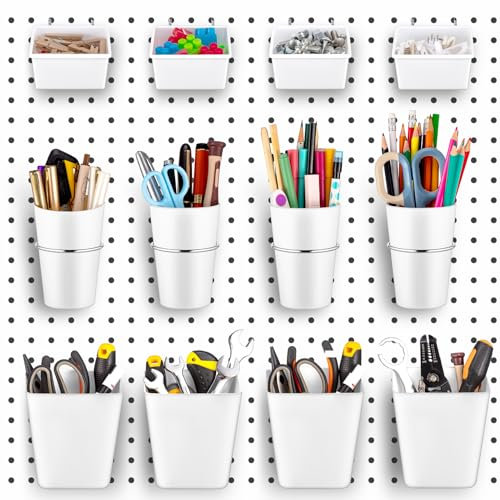 Jinei 12 Pcs Pegboard Bins and Cups with Hooks and Loops Peg Assortment Organizer Accessories Various Tool Organizer Pegboard Basket Set for Garage Workshop Workbench Office(White)