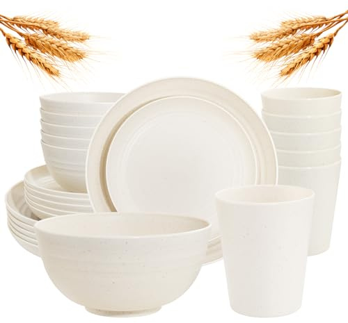 Rubtlamp 24 Pcs Wheat Straw Dinnerware Sets, Unbreakable Reusable Plastic Wheat Straw Bowls & Plates Dinner Set, Microwave And Dishwasher Safe Plates, 12Plates, 6Bowls, 6Cups for Party(Beige)
