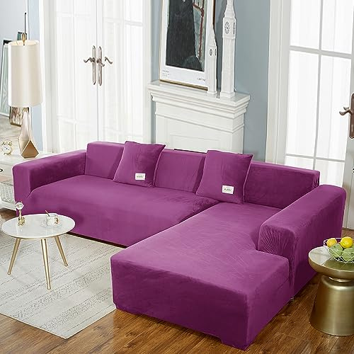 OKJK Sofa überzug aus samt, Sofabezug l Form für Wohnzimmer, maschinenwaschbar, Sofaschoner rutschfest, Sofa überzug ecksofa, weicher und bequemer Stoff, staubdicht (Purple,4-Seats 235-300cm 1pc)