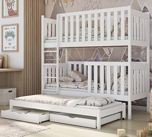 Kids Collective Hochbett 80x180 90x200 cm mit Ausziehbett Kinderbett mit Ausziehfunktion 2 Schubladen Lattenrost hoher Rausfallschutz umbaubar in 3 Einzelbetten weiß 90x200cm von 4. bis 18. Lebensjahr