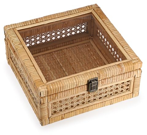 IGNPION Dekorative Rattan-Box mit Deckel, gewebtes Regal, Aufbewahrungskorb, rechteckig, Rattan, Andenken-Präsentationsbox, Boho-Stil, Schreibtischkorb für Heimdekoration (25 x 25 x 11 cm)