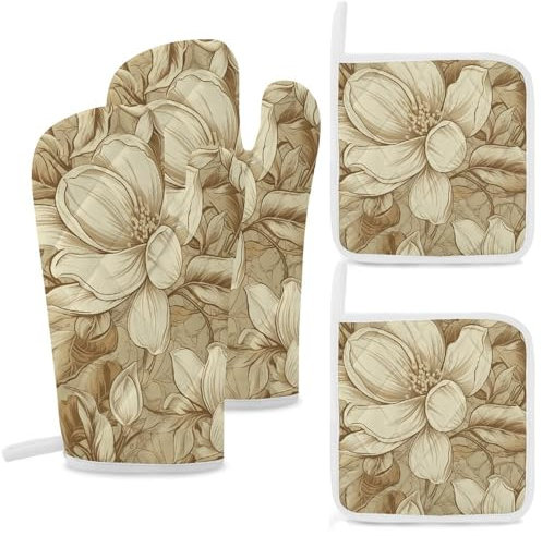 Lot de 4 gants de cuisine et maniques résistants à la chaleur antidérapants Beige et crème