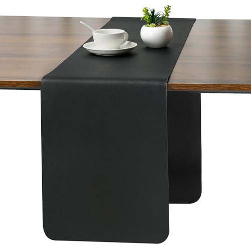 Myir JUN Table Runner, Table Runner Modern Washable Desk Mat Double Sided Faux Leather Desk Mat Waterproof Non-slip and usable for decoration 11.8 x 55(Black)