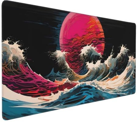 Gaming Mauspad XXL, Mousepad 800x300x4 mm,Wellen bei Sonnenuntergang Großer Mauspad Vernähte Kanten WassXerdicht Anti-Rutsch Verbessert Präzision und Geschwindigkei, Schreibtischauflage K-873