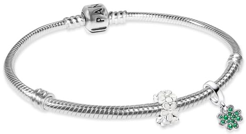 PANDORA Pulsera de plata para mujer, set de regalo con 2 dijes de la suerte, trébol de cuatro hojas y margarita, moderna y versátil 68629 20 cm