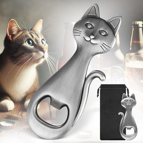 LULLEA Cat Beer Bottle Opener, Cat Gifts for Cat Lovers, Birthday Christmas Gifts for Women Men, Silver with Bag