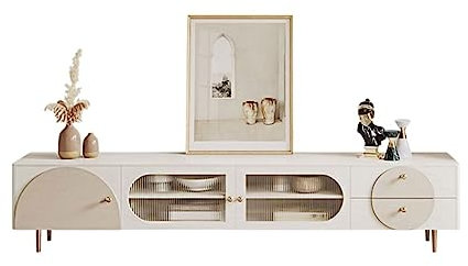 VEXDOSLE TV-Ständer Modern Minimalistisch Creme Wind TV Schrank Wohnzimmer Sideboard Schlafzimmer Spind mit transparenter Glastür TV-Ständer für Wohnzimmer