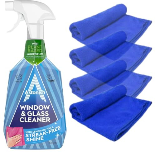 Window Cleaner Spray & Glass Cleaner – Astonish Window and Glass Cleaner with 4 Microfibre Cloths, Streak Free Window & Mirror Cleaning Kit