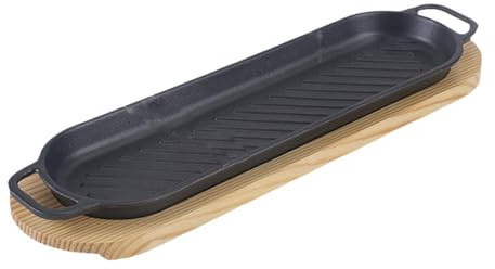 Fenteer Plaque de Cuisson en Fonte pour Steak avec Support en Bois, Assiette pour Service à La Maison, Allongé