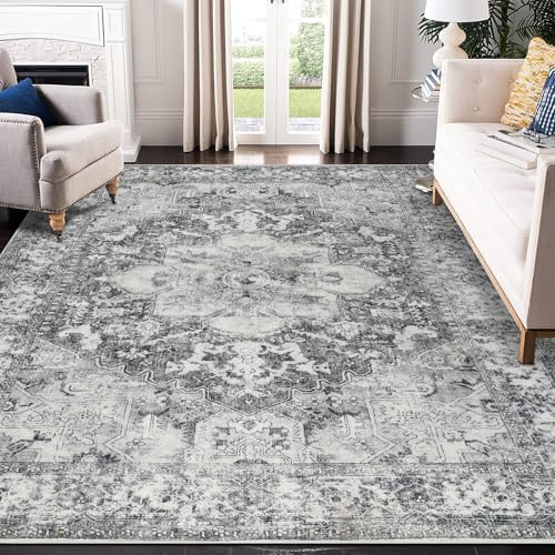 Edlbaegy Rugs Living Room Large 160x230cm Grey Machine Washable Area Rugs for Bedroom Boho Vintage Faux Wool Low Pile Non Slip Carpet for Living Room Lounge Office Dinning Room