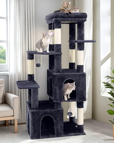 Globlazer Rascador para Gato con 2 Grandes Nidos, 7 Postes de sisal, Plataformas Acolchada Superior, Pompones Juquetes, Árbol Rascador Alto 156 cm para Gatos Grandes (F61, Gris Oscuro)