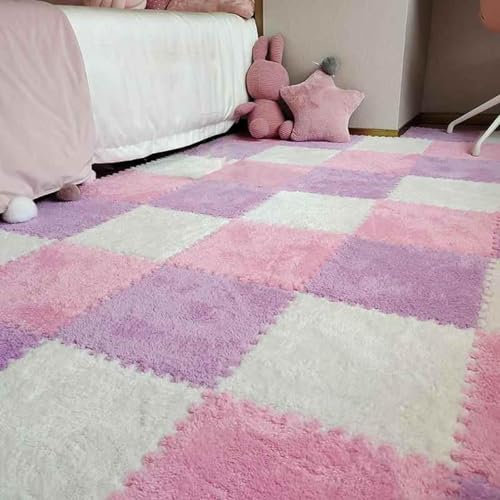 Weiche, Ineinander Greifende Eva-Schaumstoffmatten 12 X 12 Zoll Puzzle-Teppichfliesen 12-teiliger Rutschfester Bodenteppich for Kinderzimmer Wohnzimmer Spielzimmer(Pink+Purple+White)