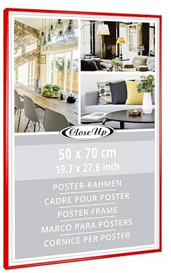 Close Up - Cornice per poster, 50 x 70 cm, in plastica rossa con pannello posteriore | Vetro in PVC (infrangibile) con profilo largo 12 mm – Colorato e moderno per poster, stampe d'arte, foto