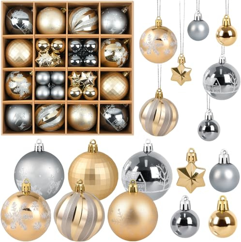44er Weihnachtskugeln Kunststoff Gold Silber Set,3/6cm Weihnachtskugeln Bruchsicher Christbaumkugeln Mini Christbaumschmuck mit Verpackung Tannenbaumkugeln Weihnachtsbaum Deko für Outdoor Indoor
