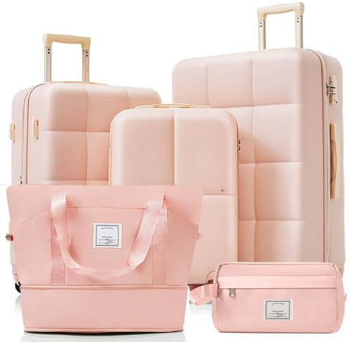 Merax Hartschalen-Kofferset, bestehend aus 5 Teilen, DREI Koffern und Zwei Kosmetiktaschen, Kabinenkoffer mit Drehrollen, pink