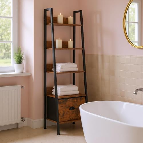 FurnitureR Étagère de Salle de Bain Style échelle 42 x 29 x 141 cm, 5 Niveaux, tiroir en Tissu, Panneaux de Bois de 12 mm et Cadre en métal de 20 mm, paroi arrière de 7,5 cm, Meuble de Salle de Bain