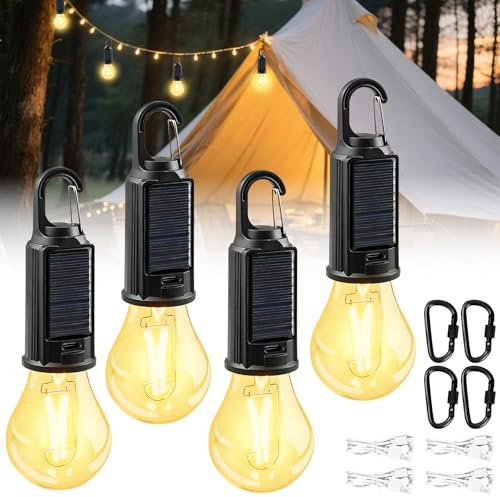 Rechargeable Camping Light, 4 Pack Solar Camping Lights for Tents, Camping Lantern 3 Lighting Modes IP65 Waterproof Tent Light with Hanging Hook, Portable Camping Lamp for Tent Hiking Emergency