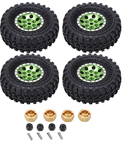 4Pcs 55mm RC Rubber Tires Aluminum Alloy Wheel Rims with Brass Combiner for Axial SCX24 1/24 RC Car Upgrade Parts Durable High Performance Off Road Accessories (Green)