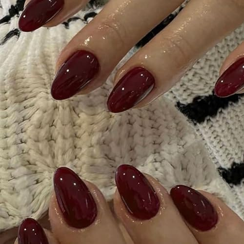 TESGADGETS 24 Stück Weinrote Press On Nails Kurz Oval Acrylnägel Press Ons Kurze Mandelnägel Natürliche runde Fake Nägel Burgunder Einfarbiges Gel Stick On Nails Set