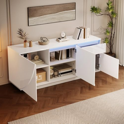 EURHCIO Buffet Cuisine Salon 140x40x60cm,Commode,Buffet Salle a Manger,Meuble Cuisine avec Tiroir,éclairage LED Réglable,3 Portes,pour Salon,D Entree,Blanc (A)