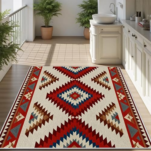 AUWUUA Geometrisk tvättbar matta 150 x 210 cm, sydvästra Indien aztekisk stil, halkfri, mjuk, kort lugg, idealisk för vardagsrum eller sovrum. Rödbrun färg.