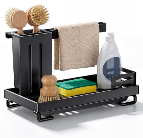 Spülbecken Organizer, Schwarzer Küche Spülorganizer mit Abtropfschale, hohles Abflusslagerregal, Auffangwanne für Küchenzubehör Schwamm, Spülseife , Handtücher, Schrubber Bürste, Geschirrtuch