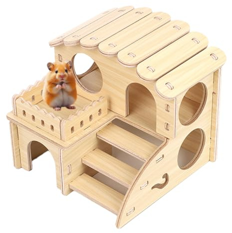 Hamsterhaus aus Holz, Meerschweinchen Haus Hamster Haus mit Rampe Hamster | Versteck Hasenhaus Mehrkammernhaus Hamster für Zwerghamster Rennmäuse