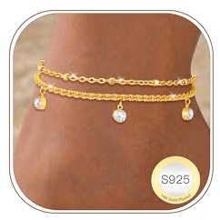 Fußkettchen für Damen Geschichtet Einstellbar Wasserdicht Strand Fußkette | 925 Silber Gold Verstellbare Boho Sommer Mehrreihige Herz CZ Perlen Seil Link Fussketten Set Fußschmuck Geschenk für Frauen