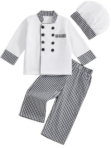 GXNRHG Completo da Chef Unisex per Bambini, Top Classico a Maniche Lunghe con Bottoni, Pantaloni Scozzesi abbinati con Cappello, Costume da Panettiere per Bambini