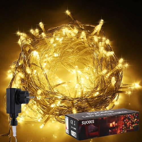 SYCEES Nastro Catena Luci 200 LED 23M Bianco Caldo da Interno 8 Effetti di Lampeggio/Funzione di Memoria/ IP44 / Luce Feste Natale Matrimonio Giardino Patio Mostra Vetrina (bianco caldo 200 led)